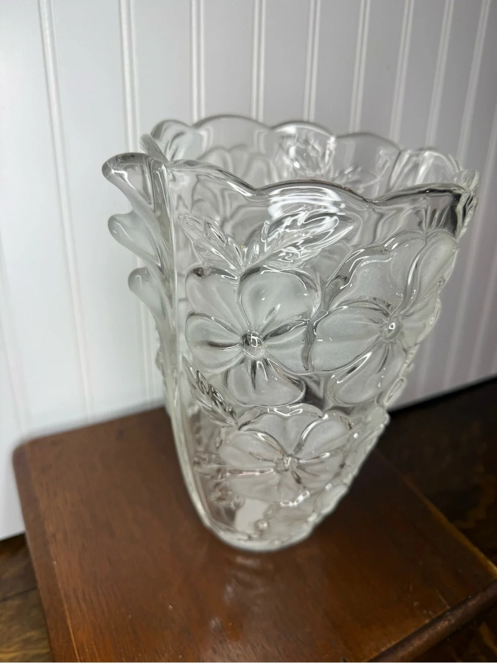 9.5” Studio Nova Frosted Pansy Bouquet Frosted Clear Glass Vase Winged Handles